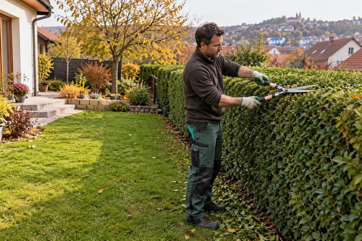Un giardiniere pota una siepe accanto a una villetta in un giardino autunnale