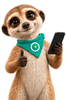 La mascotte di OAZEE con lo smartphone in mano e il pollice alzato