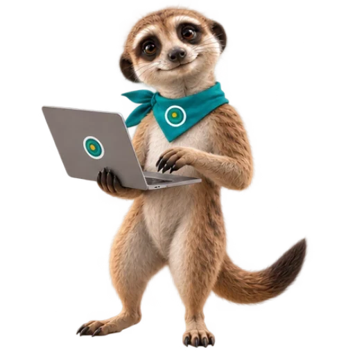 Ozee, la mascotte di OAZEE, con un portatile