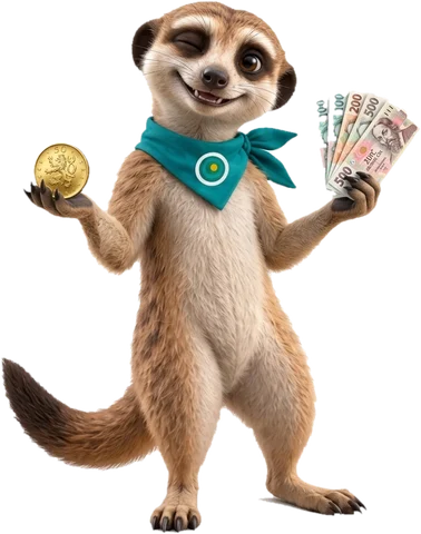 Ozee, la mascotte di OAZEE, con delle monete in mano